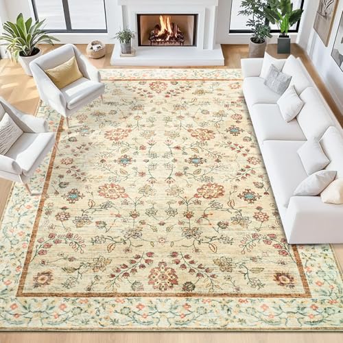 Iplusmall 8x10 Area Rugs for Living Room, Soft Washable Rug Non-Slip & Stain Resistant, Low Pile Large Carpet for Bedroom Dining Room Kitchen Farmhouse Office Home Decor, Beige Yellow