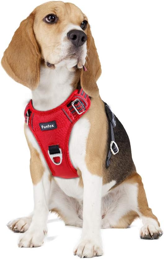 Funfox Dog Harness No Pull, Adjustable Pet Vest Harness, Super Soft Material with Vertical Handle Easy Control, Reflective Night Walking, 2 Leash Clips for Medium Sized Dogs, Red, M Medium Red