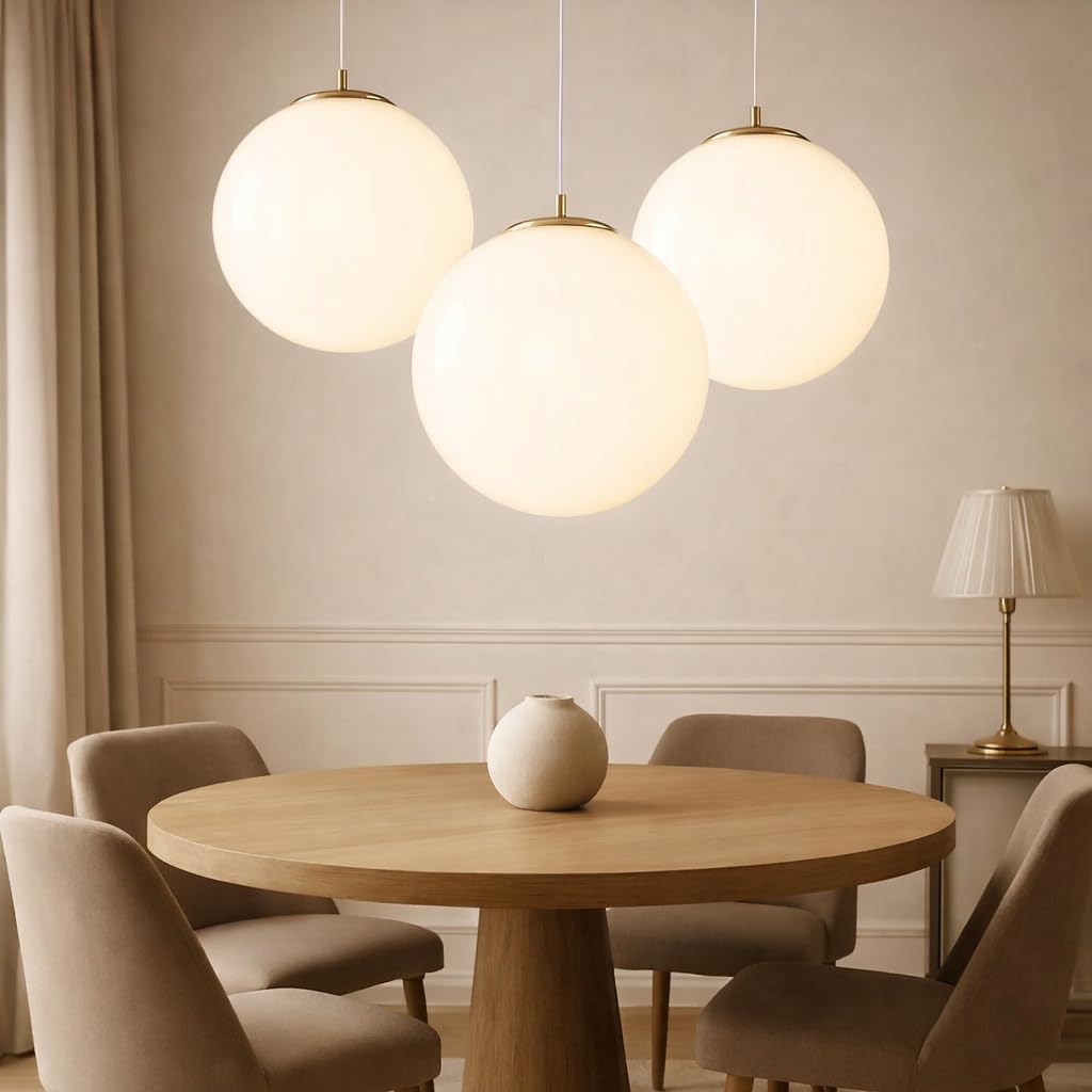 Lampadario a Sospensione Moderno Oro con Sfera in Vetro E27, Lampada a Sospensione Design Minimal per Soggiorno Cucina Sala da Pranzo Bar, Cavo Regolabile 133cm, Ø25cm, Compatibile LED