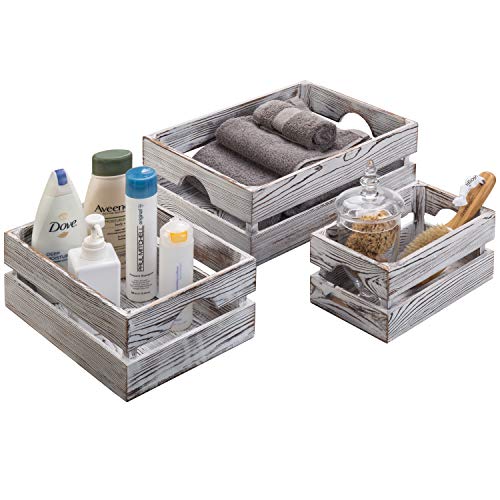 Mygift Shabby Whitewashed Solid Wood Storage Organizer Box With Handle, 3 Piece Various Size Decorative Nesting Crate #TOP5