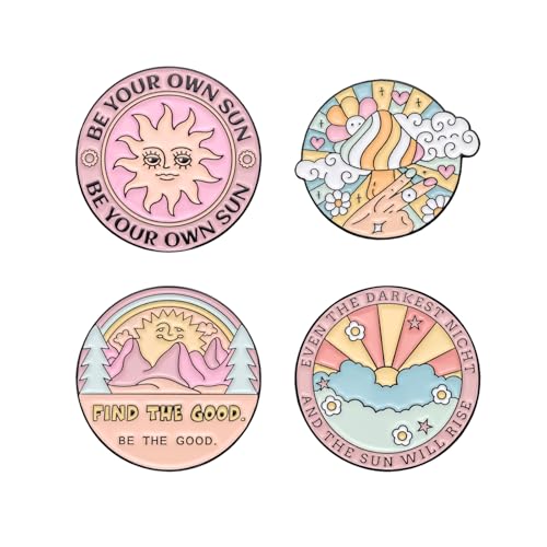 HEYTRCO 4PCS Inspirational Phrashes Enamel Pins Bulk, Cartoon Cute Cool Girly Positive Sunshine Lapel Backpack Hat Pin Set, Decorative Crooches Button for Jeans, Jackets, Bags, Dress, Shoes