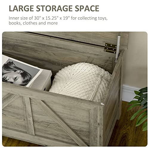 HOMCOM 30" Farmhouse Storage Chest, Lift Top Box Organizer with Safety Hinge to Open Up 150° for Bedroom, Entryway, Living Room, Gray