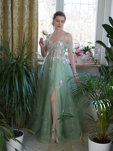 Tulle Embroidery Prom Dresses for Women 2025 Sparkly Off The Shoulder Corset A-Line Formal Ball Gown with Slit4