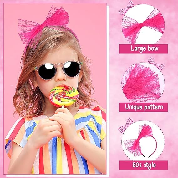 Miniatura 6 de 2 diademas de lazo de encaje rosa con lazo elástico de los años 80 con encaje retro rosa lazo accesorios para el cabello para mujeres y niñas