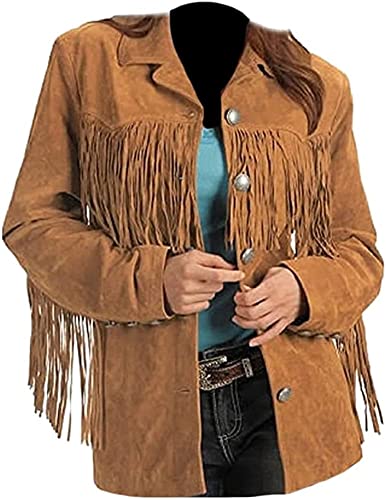 Matarts Western Cow-Lady 100% Genuine Suede Leather Coat For Women’s -Native American Jacket With Fringes - Brown (As1, Alpha, 4X_L, Regular, Regular) #TOP28