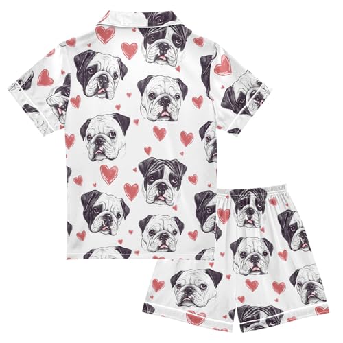 Bulldog Love Heart Pattern Summer Satin Pajama Set, Cute Button-Down Sleepwear Pj Set for Sleep Wears2