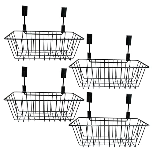Image of Go Hooked Metal Wire Multipurpose Over Door Basket Hanging Cabinet Storage Organizer Bin for Kitchen Pantry Bathroom Black Space Saving Versatile Heavy Duty Sleek and Sturdy Set of 4