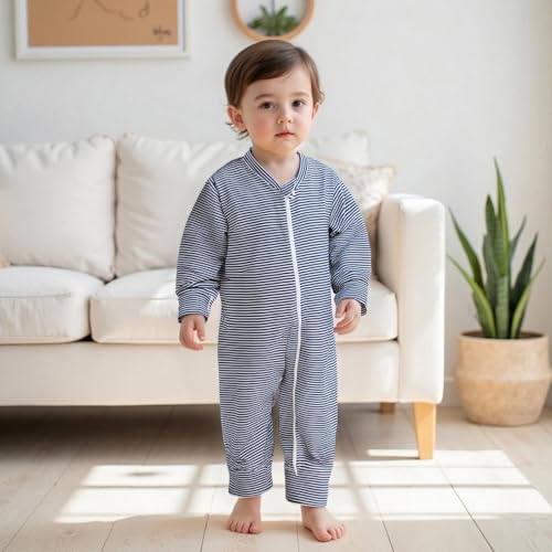 woshilaocai Baby 2 Pack Zipper Jumpsuit Boy Girl Long Sleeve Plain&Striped Cotton Infant Romper2