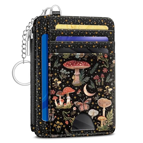 Image of Kelvoris Mushrooms Credit Card Holder Small Wallet Women, Moon Slim RFID | Keychain, Zipper Coin Pocket, Front Pocket Thin Travel Card Case, Minimalist, 6 Card Slots, 1 ID Window, Ladies Gifts Woman