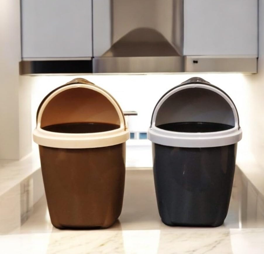csm plastic small portable table dustbin with attached lid and swing opening, mini trash can for office, desk, kitchen, bedroom (mini-bin, multicolor) pack of 3