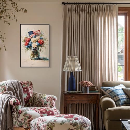 Image of American Flag Canvas Wall Art, 4th of July Patriotic Poster Print, USA Flag and Colorful Vase Flowers Picture, Rustic Independence Day Wall Decor for Bedroom Living Room 24x36in Unframed