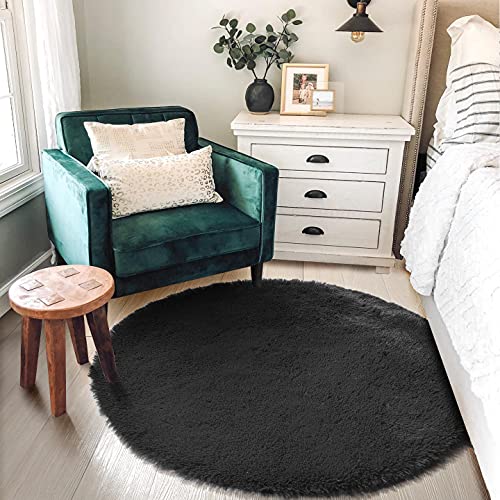 image for Amdrebio Black Round Rugs 5Ft for Bedroom Aesthetic, Fluffy Plush Circ