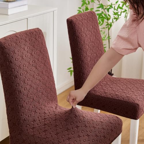 Image of HOMETHREADS Elastic Jacquard Chair Cover Stretch Removable Washable Short Dining Chair Cover Protector Seat Slipcover (D Coffee, Pack of 1)