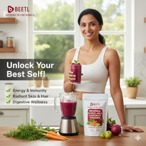 Image of BEETL Moringa Carrot Beetroot & Amla Powder Blend | Mixed Vegetable Powder | Plant Based Blend for Smoothies, Juices & Recipes | Pack of 2 x 100 g | Total 200 g