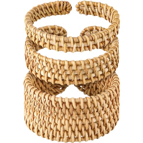 3 Pcs Handwoven Wooden Braided Rattan Knit Cuff Bracelet Adjustable Bohemian Chunky Wrap Bangle for Women Summer Ethnic Tribal Wrist Jewelry