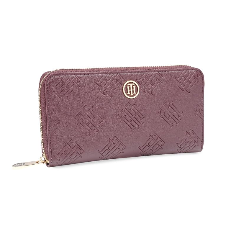 Image of Tommy Hilfiger Women's Zip Around Wallet Monique - Wine | Embossed Premium PU | | No. of Compartment - 3 | Stylish Clutch for Women