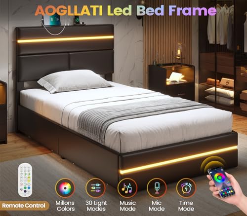 Image of AOGLLATI Twin Bed Frames with 4 Storage Drawers & Headboard, Led Bed Frame Twin with Charging Station, Upholstered Twin Bed with Storage, No Box Spring Needed, Black