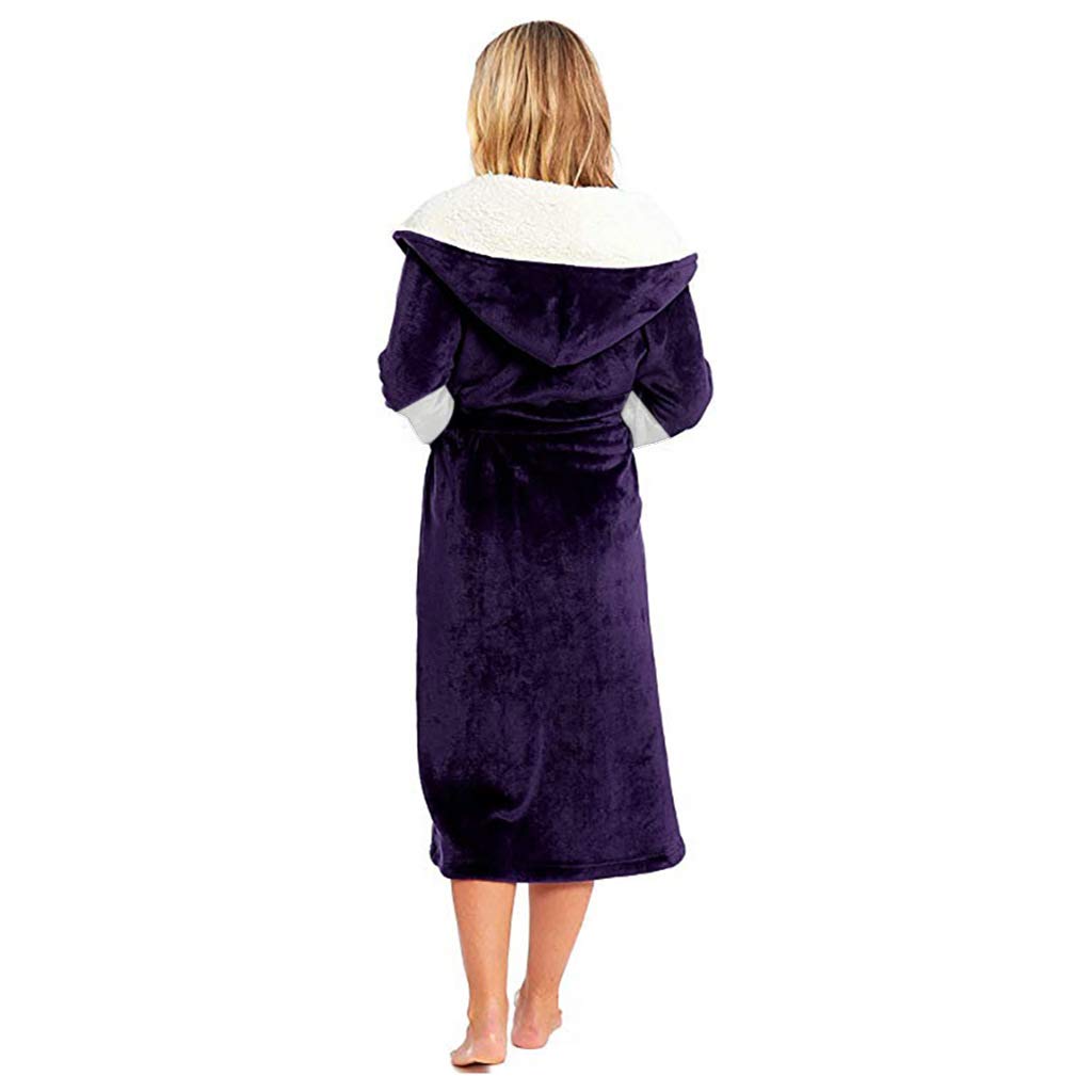 Albornoz Morado Liso con Capucha para Mujer - Bata Larga, Suave y Esponjosa, Cálida y con Cinturón - Kimono y Ropa de Estar Por Casa para El Invierno
