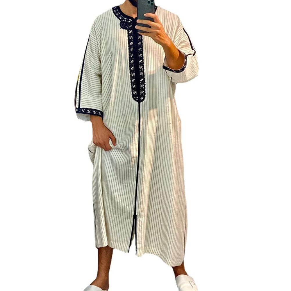 DOTBUY-SHOPMen's Muslim Robe Islamic Thobe Long Sleeve Kaftan Abaya Middle East Dubai Loose Casual Ethnic Clothing Jalabiya Gown Shirt for Men