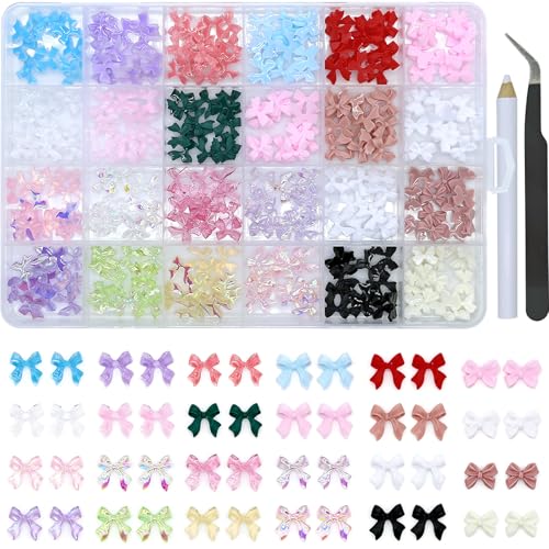 VCEOW 3D Bow Nail Art Charms 24grids Cute Colorful Nail Accessories with Pickup Tools Kawaii Flatback Y2k Nail Art Decor for DIY Manicure Crafts Design Jewelry Making