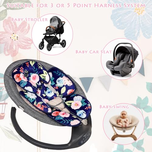Jundetye Infant Car Seat Insert, 2 in 1 Baby Head and Body Support for Car Seat, Soft Plush Newborn Carseat Cushion for Stroller Bouncer, Blue Floral - Thumbnail 5
