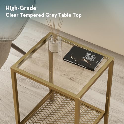 Image of SAYGOER Glass Side Table Small Gold End Table for Narrow Space 2-Tier Square Nightstand with Storage,13.3 inch x 11.8 inch x 19.7 inch,Modern Bed Side Table with Metal Frame for Bedroom Living Room, Easy Assembly