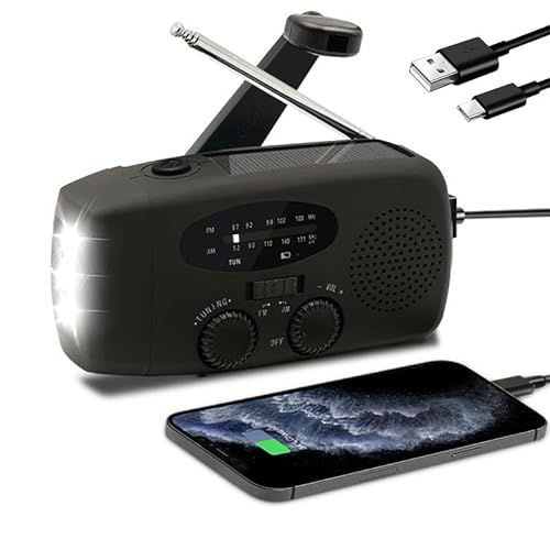 Radio Solar de Emergencia con Palanca – Linterna con 3 potentes Luces LED, Alarma SOS, Carga: USB, Manivela y Energía Solar | Am/FM | Batería Recargable de 2000 mAh | Sin Pilas (Negro)