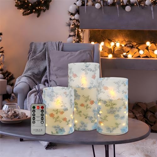 Image of Printed Flameless Candles with String Lights - Set of 3 Battery Operated Candle Flickering Floral LED Pillar Candles with Timer Remote for Home Decor Romantic Ambiance,LT