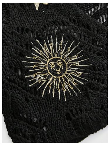 Women's Graphic Crochet Cardigan Sweater Hippie Hollow Out Tie Front Flare Sleeve Knitted Crop Outerwear3