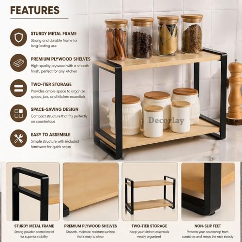 Image of Decorlay Metal & Wooden Spice Rack Organizer Space Saver Step Shelf Counter-Top Storage For Kitchen, Tabletop, Floor Standing Bathroom, Office, And Cosmetics (Black + Beech, Two - Tier)