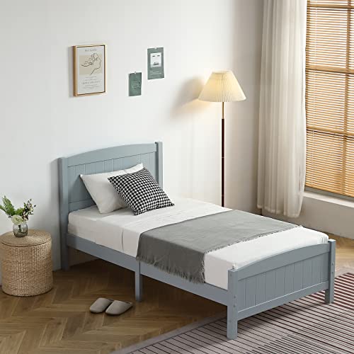 Karl home Wood Bedframe Twin Bed Frame with Headboard Bedroom Platform Bed with Footboard, 12 Wood Slat Support, No Box Spring Needed, Gray