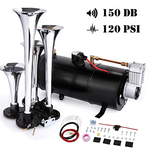 Train Horn Kit Car Air Horn 4-Trumpet Kit Set Compressor for Almost Any Vehicle Trucks Car 150 DB (Black)