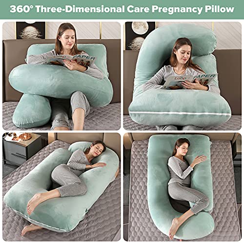 Image of Elover Pregnancy Pillow U-Shaped Full Body Maternity Support Pillow for Pregnant Women with Replaceable and Washable Velvet Cover Size 60 inch (Green, Velvet)