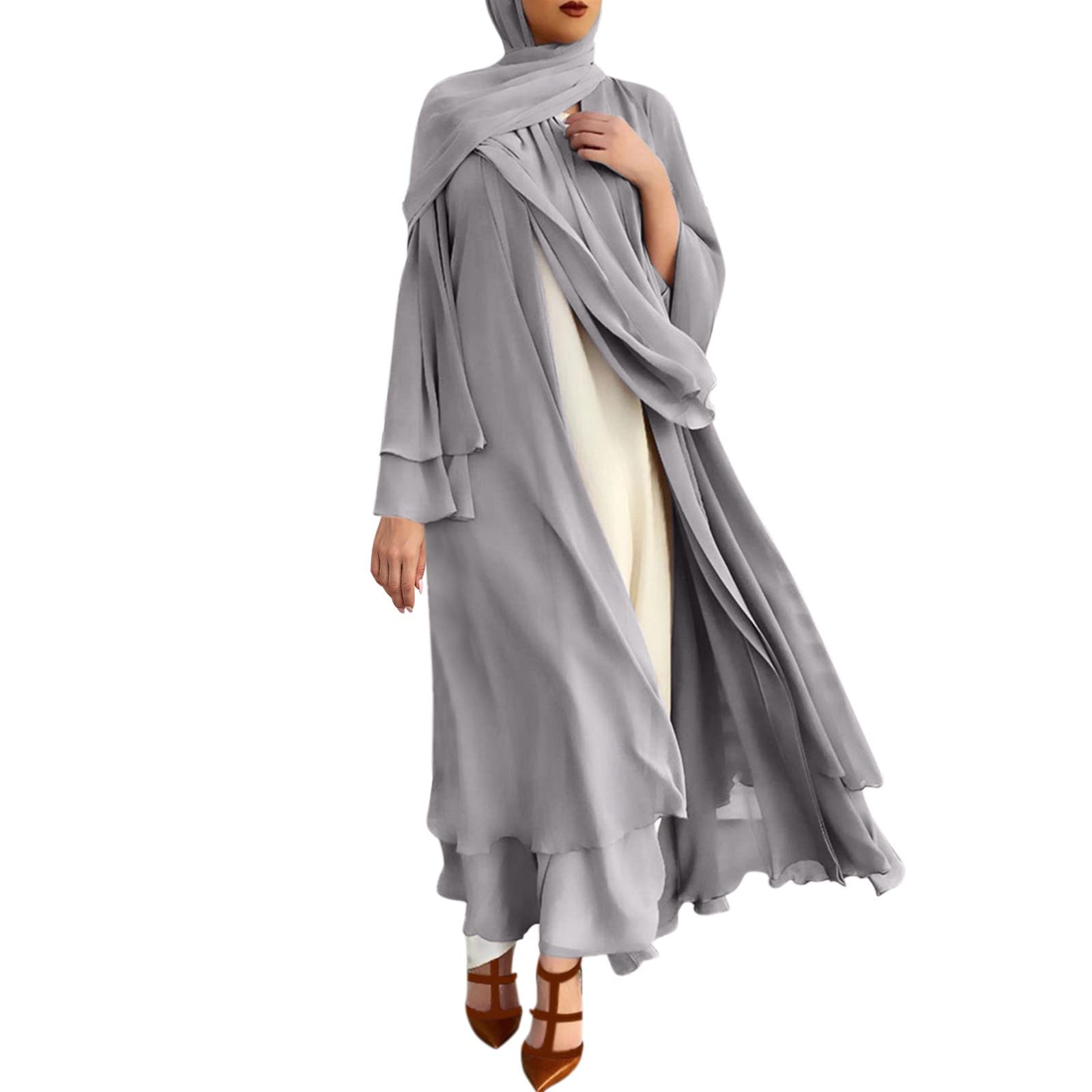 Younthone Women's Muslim Solid Color Maxi Dress Long Sleeve Loose Cardigan Dress Casual Floor Chiffon Dress