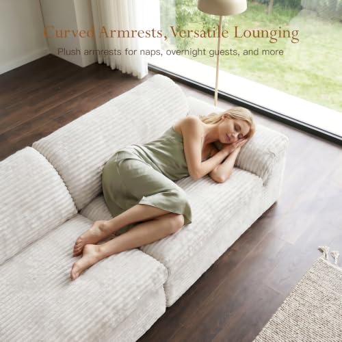 Image of Vesgantti 118 inch Modular Sectional Couch, Comfy Corduroy Upholstered Cloud Couches for Living Room, Modern 3 Seater Sofa with Deep Seat, Warm White