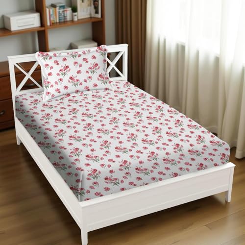 Image of 240 TC Soft Ezyption Floral Single Bed Sheet Cotton - Single bedsheet with 1 Pillow Cover Hypoallergenic, Brethable, (Size- 60 x 90 Inch | Red White