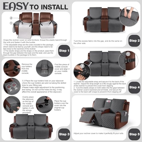 Image of KinCam 100% Waterproof Recliner Loveseat Cover with Console, Non-Slip Reclining Couch Covers for 2 Seat, Recliner Sofa Cover Furniture Protector with Elastic Straps for Kids, Pets, Charcoal Gray