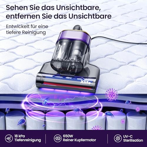 Milbensauger, Matratzenreiniger für Matratzen mit 18 kPa Saugkraft, UV-C Licht, 63 °C Heißluft und 2 Bürsten, Bett-Staubsauger und Matratzenreiniger für Matratzen, Betten, Sofa