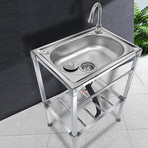 Lavello Da Cucina Indipendente Lavandino da esterno Acciaio inox Lavandino a Mano Bacino Singolo Lavello Da Bar,Lavatoio da Giardino Campeggio,Con Rubinetto (38x33x83cm/15x13x33in)