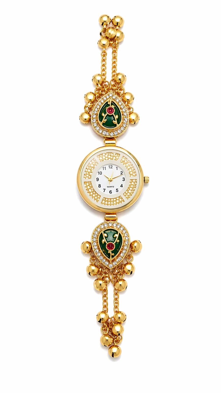 kashmiri bracelet watch for women | kundan stone work, ghungroo charms & pearl accents | traditional ethnic jewelry watch for wedding, party & special occasions