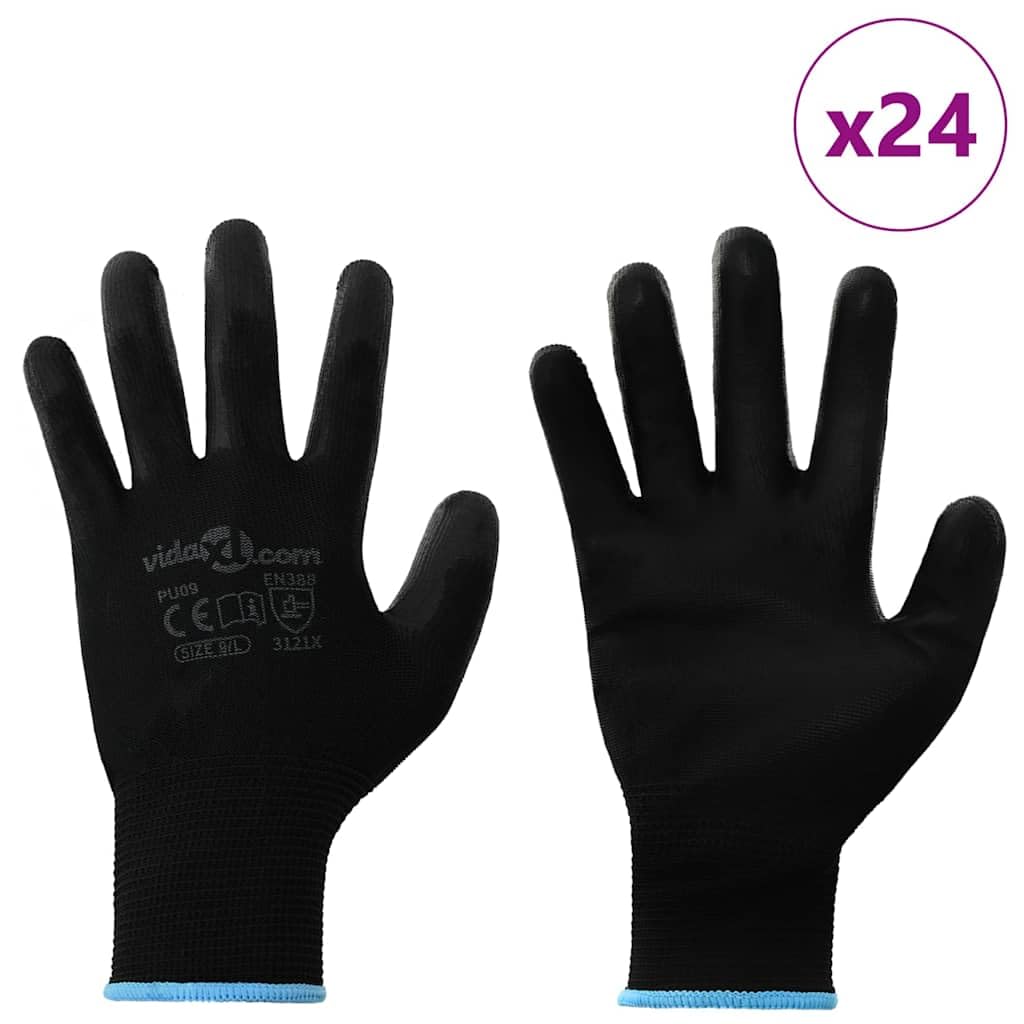 Lot de 24 paires de gants de travail - Taille 9 L - Noir - Polyester - Gants de protection respirants pour atelier, jardin et montage