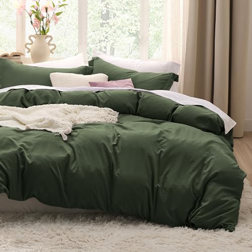 Image of Bedsure Olive Green Duvet Cover Full Size - 3 Pieces Prewashed Extra Soft Cotton-Like Polyester Bedding Set, Includes 1 Duvet Cover 80x90 Inches with Zipper Closure & 2 Pillow Shams, No Comforter