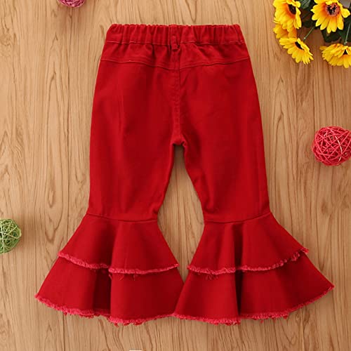 Toddler Girls Ripped Distressed Flared Jeans Kids Solid Color Denim Pants Ruffle Pants Vintage Jeans 1~6 Years (Red, 4-5 Years)3