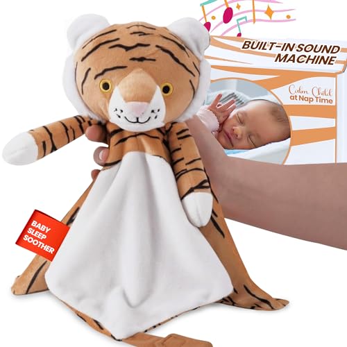 Love By Emi 4 in 1 Baby Lullaby Sleep Soother Toy - Stuffed Animal Sound Machine & Pacifier Holder | Heartbeat White Noise & Music | Plush Orange Tiger Lovey Sleep Aid Security Blanket (0-3 Years)