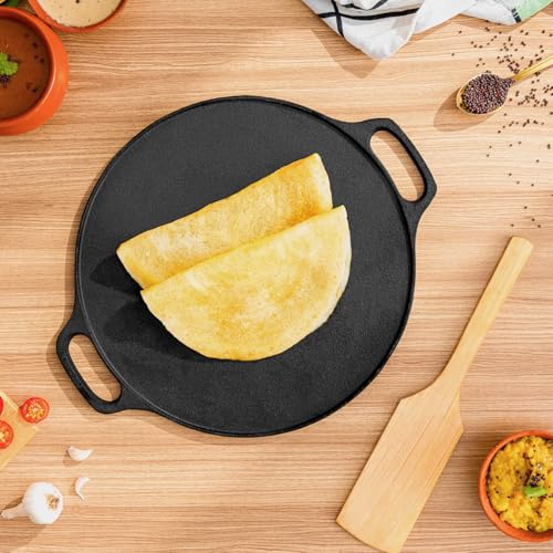 Image of Cast Iron Dosa Tawa 12 Inch with Wooden Ladle, Pre-Seasoned, Naturally Non-Stick, 100% Pure & Toxin-Free, No Chemical Coating, Ideal for Cooking Dosa, Uttapam, Roti, Paratha, Pancakes