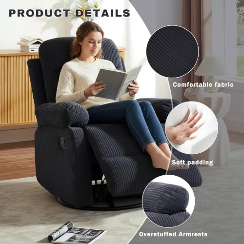 Image of Rocking Recliner Chair,Modern Swivel Glider Recliner Chair,Corduroy Fabric Upholstery Recliner,Manual Reclining Sofa Chair for Living Room,Office,Apartment (Dark Grey)