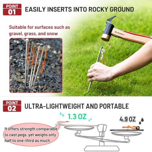 Heavy Duty Tent Stakes - Clavijas para Tienda Grosor Titanio con Cordones Reflectivos, Anclas de Tierra Ultraligeras de 8 Pulgadas Resistentes a la Oxidación para Suelo Duro, Lona y Toldo (Paquete de 8) miniatura 2