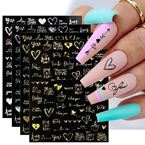 JMEOWIO Valentinstag Nagelsticker Decals, 6 Blatt Selbstklebende Nagelabziehbilder Gold Schwarz Liebe Herz DIY Design Nageldeko für Frauen Mädchen Cover