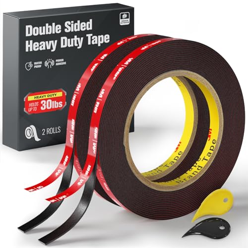 WALL QMER Double Sided Heavy Duty Mounting Tape, 2 Rolls (16.5 FT x 0.39 in Each), Waterproof, High Temp Resistant, for Automotive Trim, LED Strips, Home & Office Décor