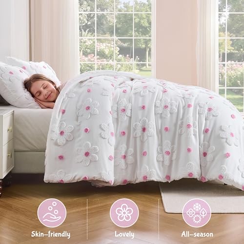 Image of Twin Size Comforter Set for Girls Pink Tufted Daisies Flowers Bedding Sets